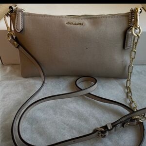 Coach Pebbled Leather Chain-Trim Crossbody Bag in Taupe